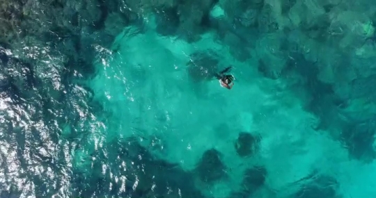 Vue de drone du récif Lepoe avec nageur