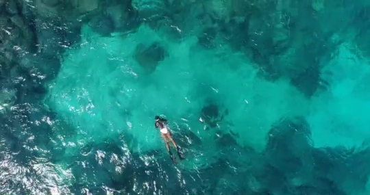 Vue de drone du récif Lepoe avec nageur
